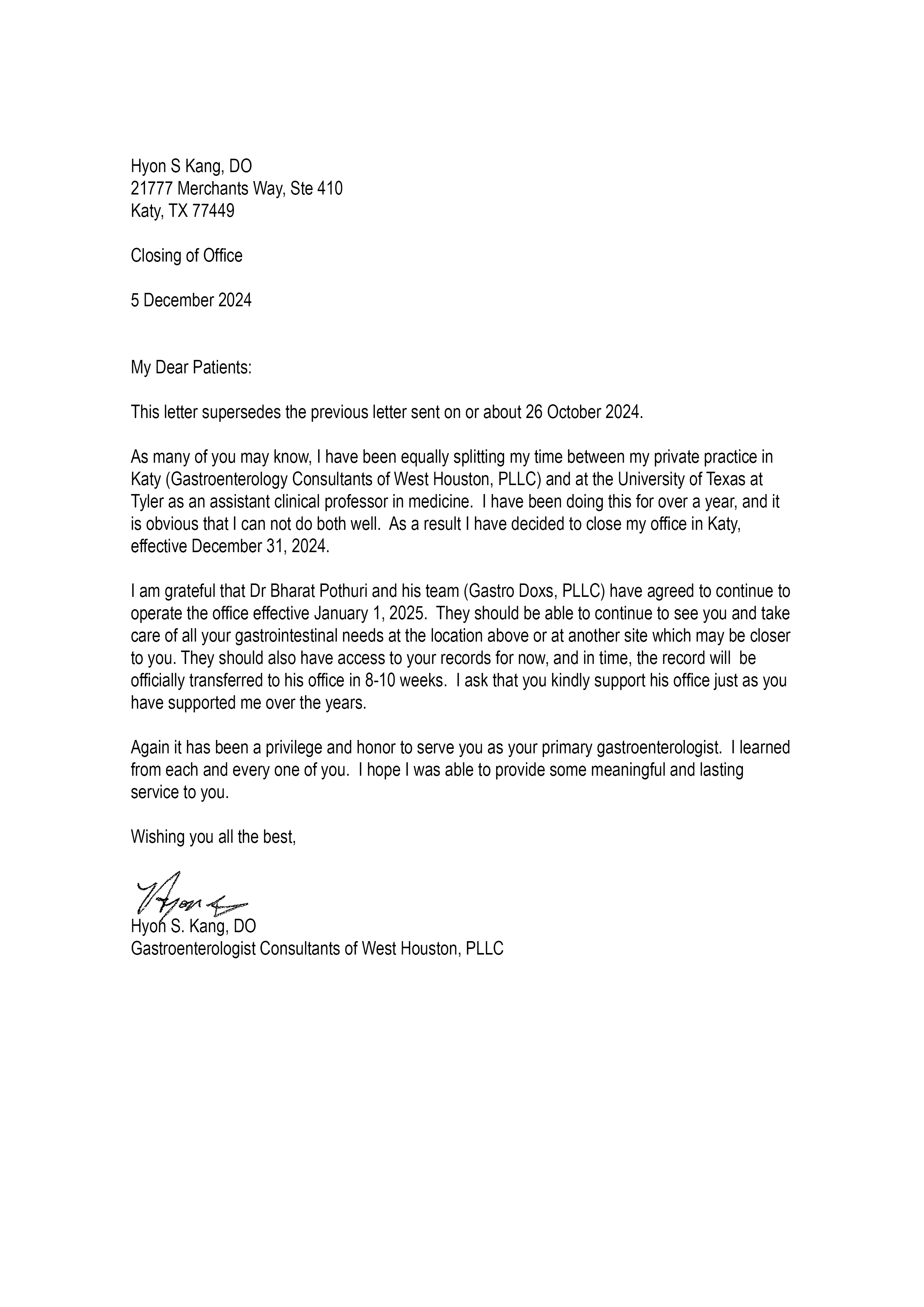 Hyon Kang Letter